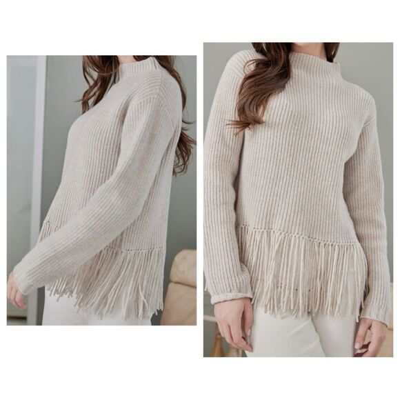 Alashan 100% Merino Wool Hadley Mock Neck fringe sweater size large - Picture 1 of 8